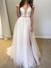 Ball Gown/Princess V-neck Tulle Sweep Train Wedding Dresses With Split Front #UKM00023912