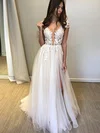 Ball Gown V-neck Tulle Sweep Train Wedding Dresses With Split Front #UKM00023912