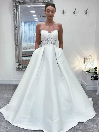 Satin Strapless Ball Gown Court Train Appliques Lace Wedding Dresses #UKM00023913