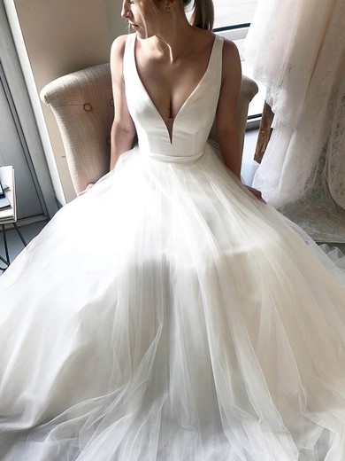 Satin Tulle V-neck A-line Court Train Wedding Dresses #UKM00023914