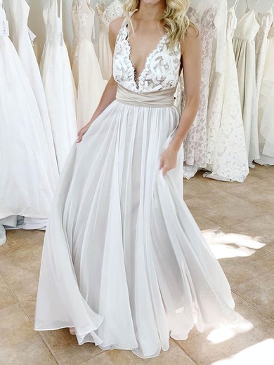 A-line V-neck Chiffon Floor-length Wedding Dresses With Appliques Lace #UKM00023915