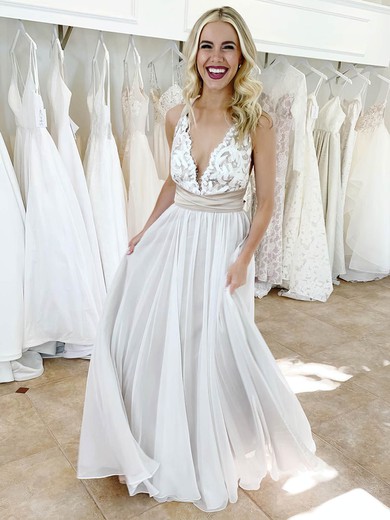 Chiffon V-neck A-line Floor-length Lace Wedding Dresses #UKM00023915