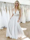 A-line V-neck Chiffon Floor-length Wedding Dresses With Appliques Lace #UKM00023915