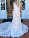 Trumpet/Mermaid V-neck Tulle Chapel Train Wedding Dresses With Appliques Lace #UKM00023916