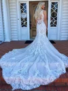 Trumpet/Mermaid V-neck Tulle Chapel Train Wedding Dresses With Appliques Lace #UKM00023916