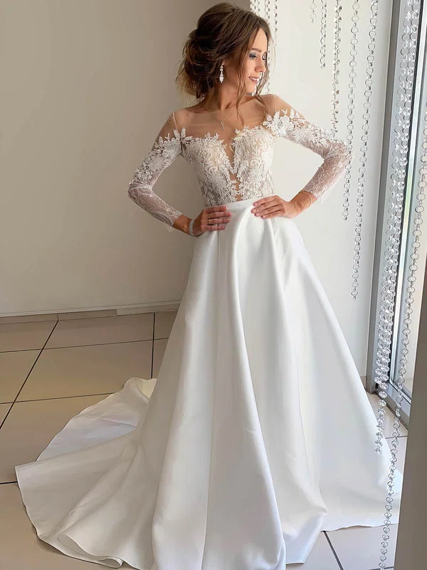 Ball Gown Illusion Satin Court Train Wedding Dresses With Appliques Lace #UKM00023917