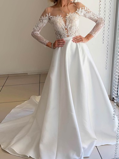 Ball Gown Illusion Satin Court Train Wedding Dresses With Appliques Lace #UKM00023917