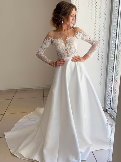 Satin Tulle Scoop Neck A-line Court Train Appliques Lace Wedding Dresses #UKM00023917