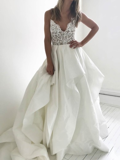 Lace Silk-like Satin V-neck A-line Court Train Cascading Ruffles Wedding Dresses #UKM00023919