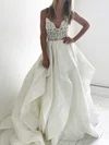 Ball Gown V-neck Satin Court Train Wedding Dresses With Cascading Ruffles #UKM00023919