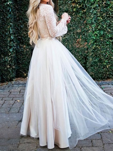 Ball Gown V-neck Lace Tulle Floor-length Wedding Dresses With Split Front #UKM00023920