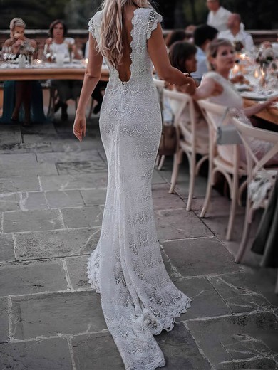 Trumpet/Mermaid V-neck Lace Sweep Train Wedding Dresses #UKM00023921