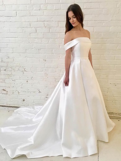 Satin Off-the-shoulder A-line Court Train Wedding Dresses #UKM00023923