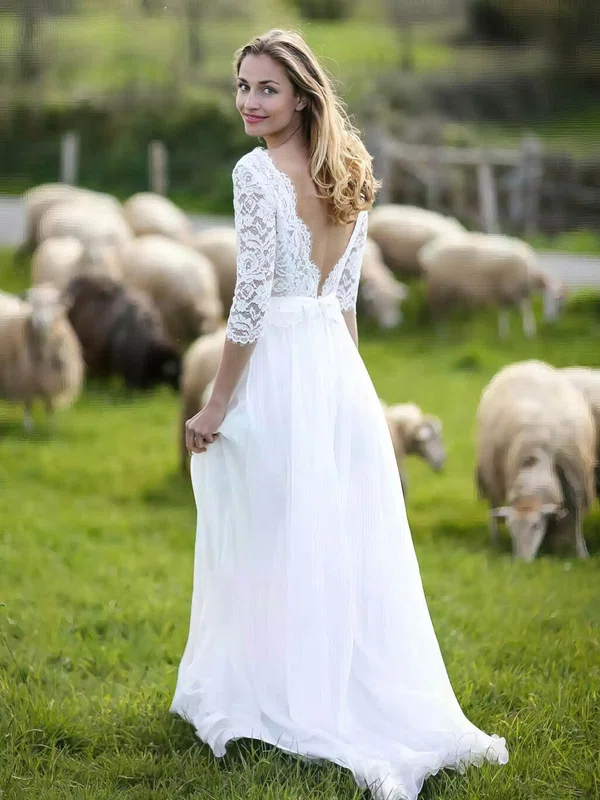 A-line V-neck Lace Chiffon Sweep Train Wedding Dresses With Sashes / Ribbons #UKM00023926
