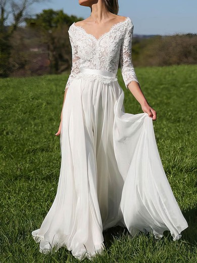 A-line V-neck Lace Chiffon Sweep Train Wedding Dresses With Sashes / Ribbons #UKM00023926