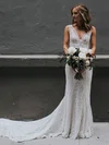 Lace V-neck Sheath/Column Chapel Train Wedding Dresses #UKM00023927