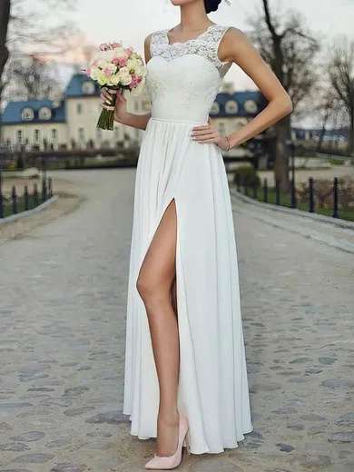 A-line Illusion Chiffon Floor-length Wedding Dresses With Split Front #UKM00023928