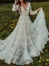 Ball Gown V-neck Lace Sweep Train Wedding Dresses With Sashes / Ribbons #UKM00023929