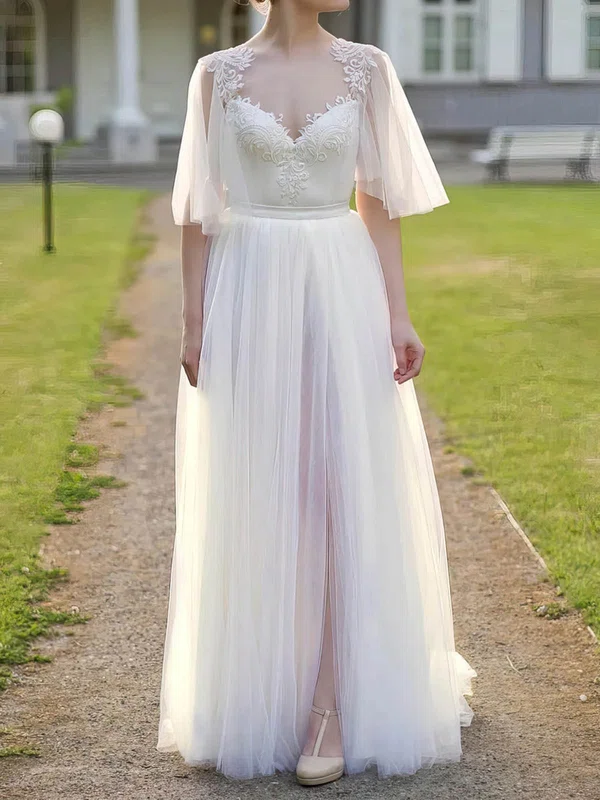 Ball Gown/Princess V-neck Tulle Floor-length Wedding Dresses With Split Front #UKM00023931