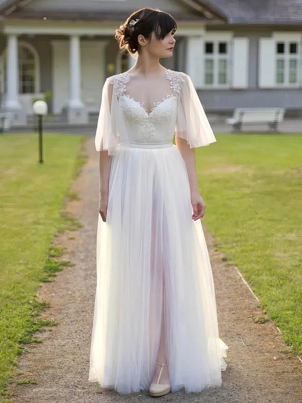 Tulle V-neck A-line Floor-length Appliques Lace Wedding Dresses #UKM00023931