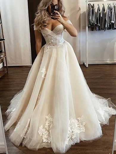 Tulle Off-the-shoulder A-line Court Train Appliques Lace Wedding Dresses #UKM00023935