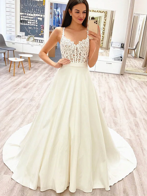 Ball Gown V-neck Silk-like Satin Sweep Train Wedding Dresses With Appliques Lace #UKM00023936