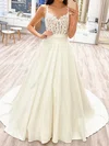 Ball Gown/Princess V-neck Silk-like Satin Sweep Train Wedding Dresses With Appliques Lace #UKM00023936