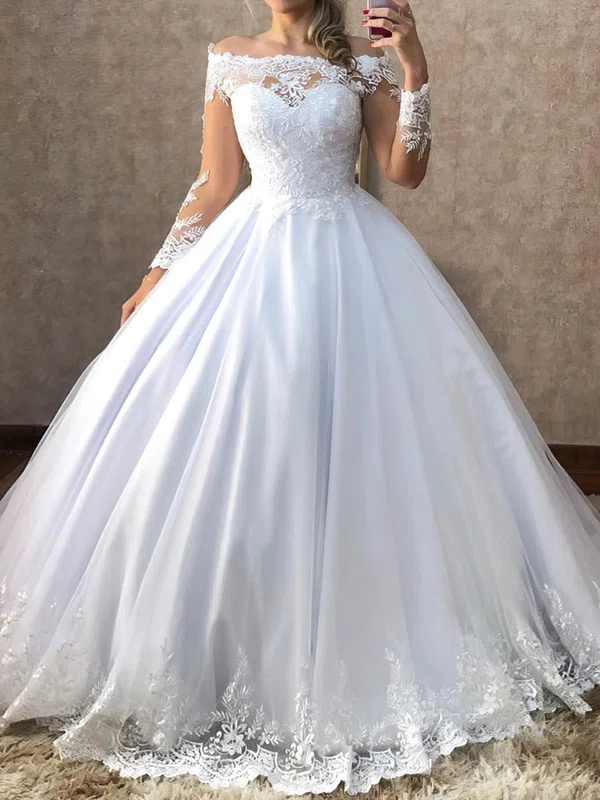 Ball Gown/Princess Off-the-shoulder Tulle Sweep Train Wedding Dresses With Appliques Lace #UKM00023938