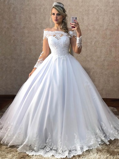 Ball Gown Off-the-shoulder Tulle Sweep Train Wedding Dresses With Appliques Lace #UKM00023938
