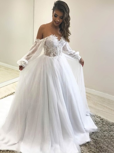 Ball Gown Off-the-shoulder Tulle Court Train Wedding Dresses With Appliques Lace #UKM00023939