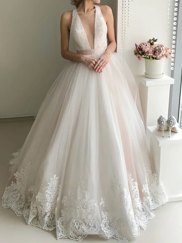 Ball Gown V-neck Tulle Court Train Wedding Dresses With Appliques Lace #UKM00023940