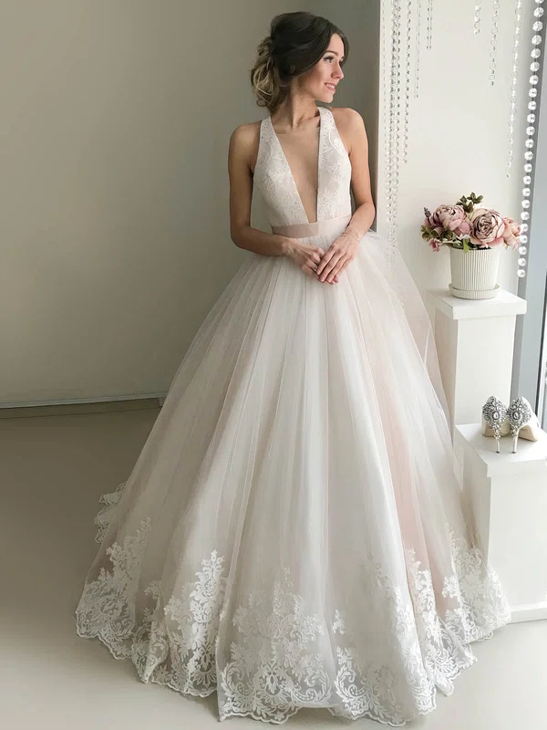 Ball Gown V-neck Tulle Court Train Wedding Dresses With Appliques Lace #UKM00023940