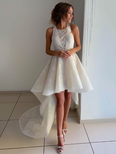 A-line Square Neckline Lace Asymmetrical Wedding Dresses #UKM00023941
