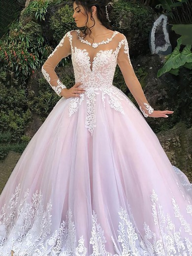 Tulle Scoop Neck Ball Gown Court Train Appliques Lace Wedding Dresses #UKM00023942