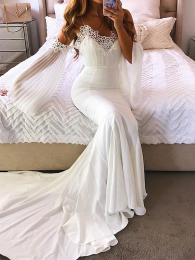 Trumpet/Mermaid V-neck Chiffon Court Train Wedding Dresses With Appliques Lace #UKM00023943