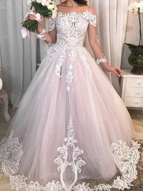 Ball Gown Princess Illusion Glitter Sweep Train Wedding Dresses With Appliques Lace MillyBridal