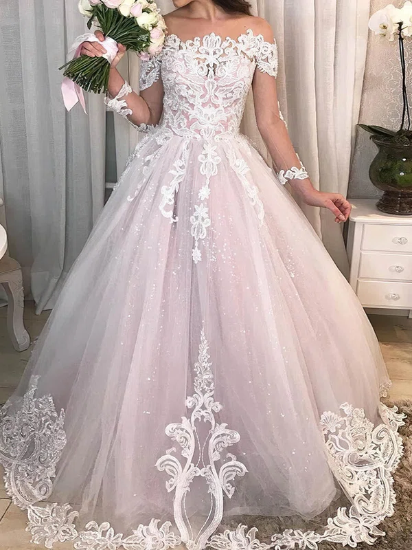 Ball Gown/Princess Illusion Glitter Sweep Train Wedding Dresses With Appliques Lace #UKM00023944