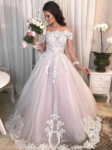 Glitter Scoop Neck Ball Gown Sweep Train Appliques Lace Wedding Dresses #UKM00023944