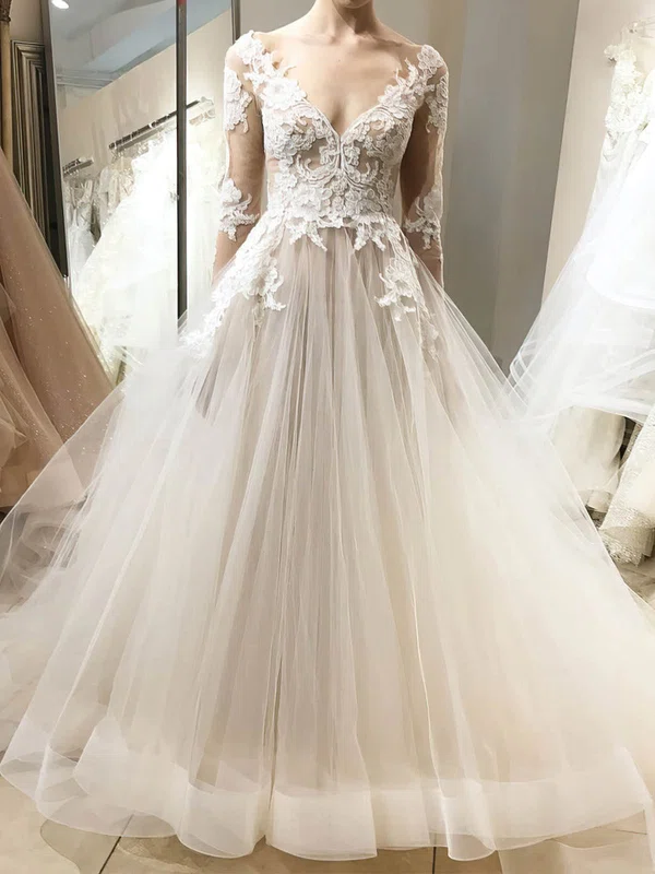 Ball Gown/Princess Illusion Tulle Sweep Train Wedding Dresses With Appliques Lace #UKM00023946