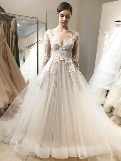 Tulle Scoop Neck Ball Gown Sweep Train Appliques Lace Wedding Dresses #UKM00023946