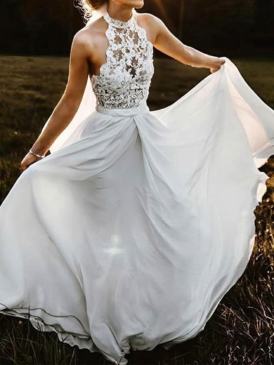 A-line High Neck Lace Chiffon Sweep Train Wedding Dresses With Sashes / Ribbons #UKM00023947