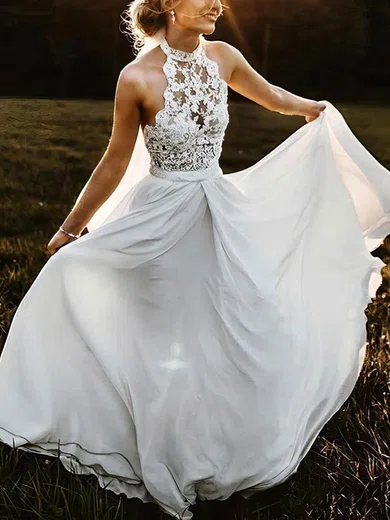 A line High Neck Lace Chiffon Sweep Train Wedding Dresses With