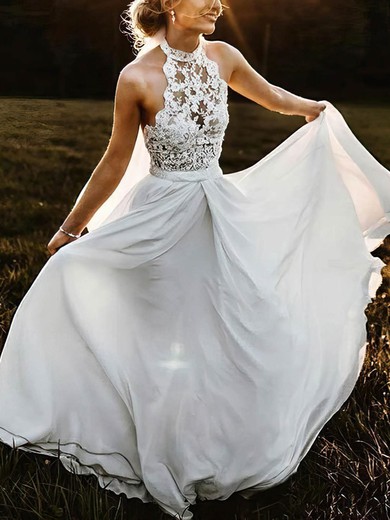 Lace Chiffon Halter A-line Sweep Train Sashes / Ribbons Wedding Dresses #UKM00023947