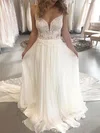 A-line V-neck Chiffon Court Train Wedding Dresses With Appliques Lace #UKM00023948