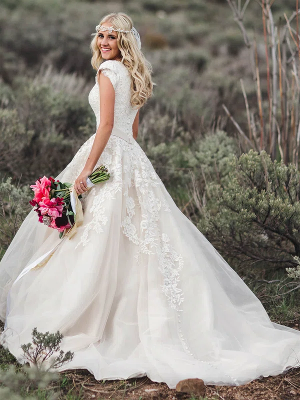 Ball Gown V-neck Tulle Court Train Wedding Dresses With Beading #UKM00023949