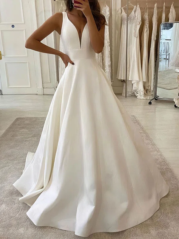 Ball Gown/Princess V-neck Satin Sweep Train Wedding Dresses #UKM00023951