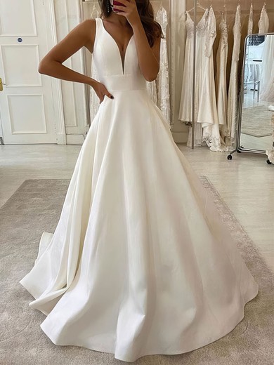 Ball Gown/Princess V-neck Satin Sweep Train Wedding Dresses #UKM00023951