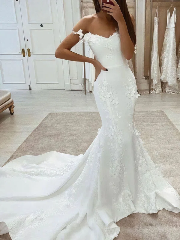 Silk-like Satin Off-the-shoulder Trumpet/Mermaid Court Train Appliques Lace Wedding Dresses #UKM00023952