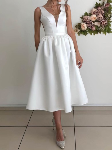 Ball Gown V-neck Satin Tea-length Wedding Dresses #UKM00023954