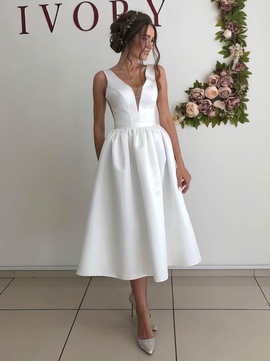 Ball Gown V-neck Satin Tea-length Wedding Dresses #UKM00023954